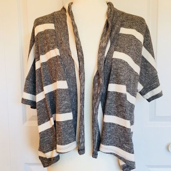 Loft Grey White Striped Short Sleeve Cardigan - Picture 1 of 5
